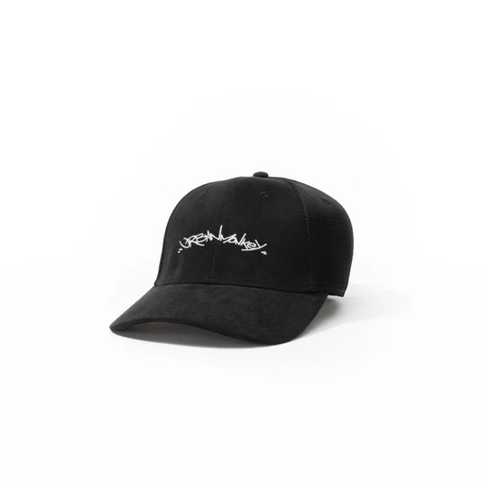 Black Suede Embroidered Handwritten Logo Baseball Cap – Adjustable Fit