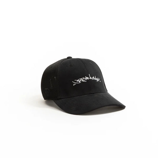 Black Suede Embroidered Handwritten Logo Baseball Cap – Adjustable Fit